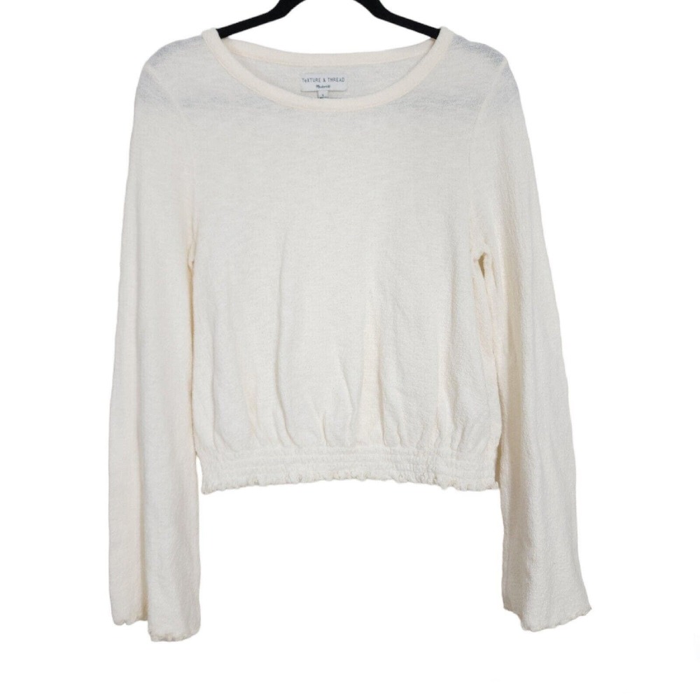 Madewell Womens Top Smocked Bell Sleeve Cream Knit Elastic Waist Blouse Size S - Picture 2 of 7